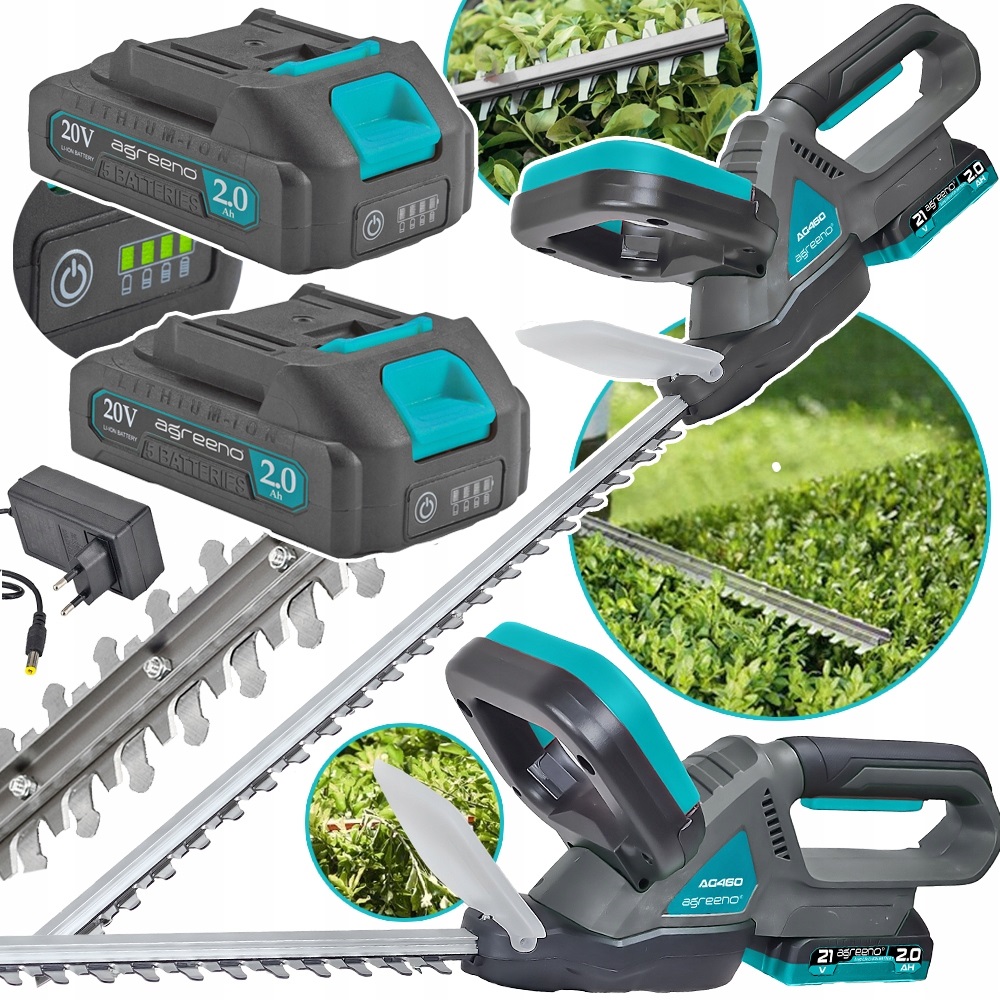 Zestaw elektrycznych nożyc do żywopłotu marki Agreeno. W skład zestawu wchodzą: same nożyce z długim ostrzem, dwie baterie 20V o pojemności 2.0 Ah, ładowarka do baterii oraz dodatkowe elementy ostrza. 